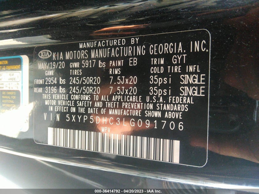 VIN 5XYP5DHC3LG091706 2020 KIA TELLURIDE SX
