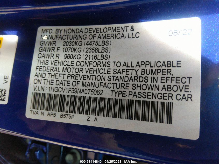2022 HONDA ACCORD SEDAN SPORT - 1HGCV1F39NA075062