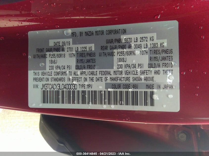 VIN JM3TCACY3L0400030 2020 MAZDA CX-9 TOURING