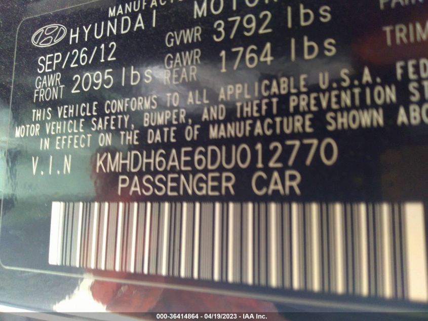 2013 HYUNDAI ELANTRA COUPE GS PZEV - KMHDH6AE6DU012770