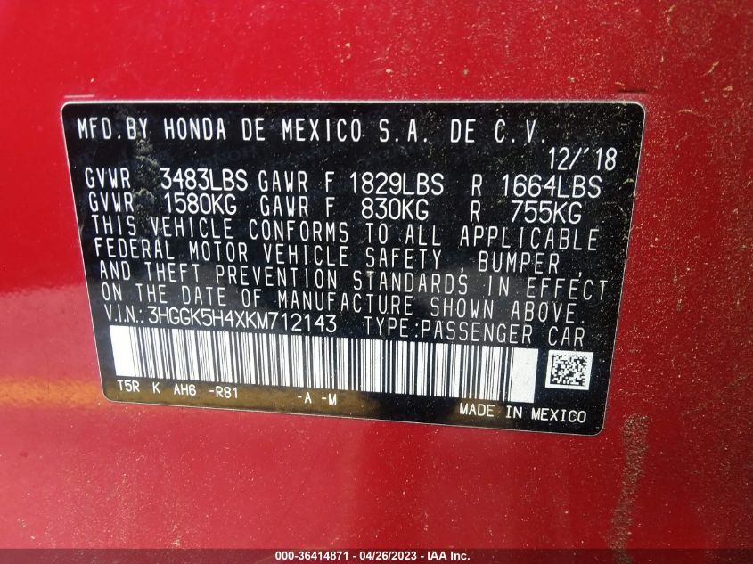 2019 HONDA FIT LX - 3HGGK5H4XKM712143