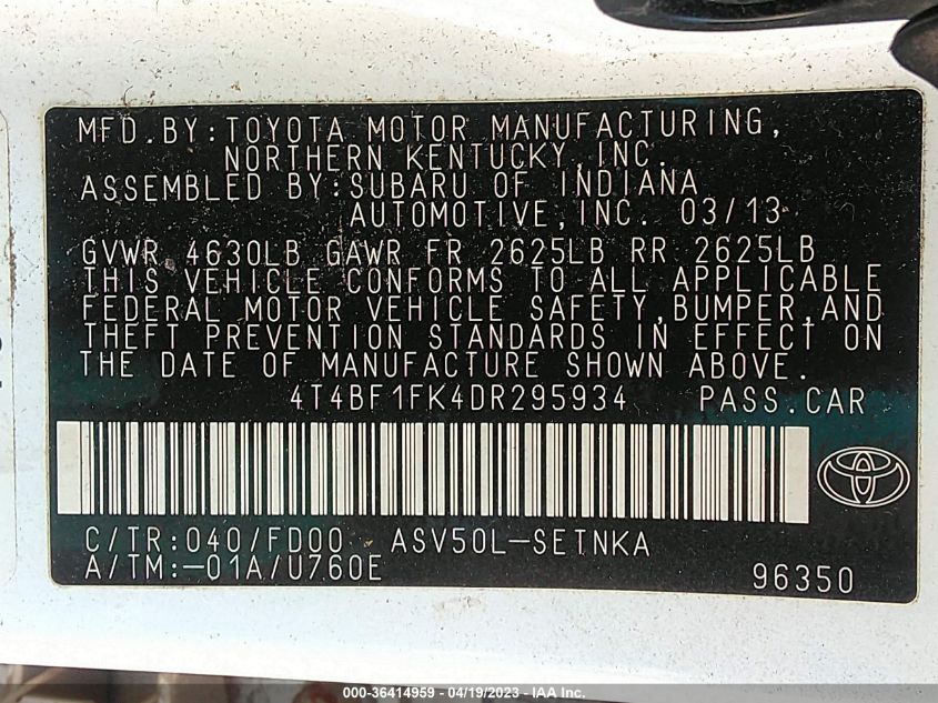 2013 TOYOTA CAMRY L/LE/SE/XLE 4T4BF1FK4DR295934