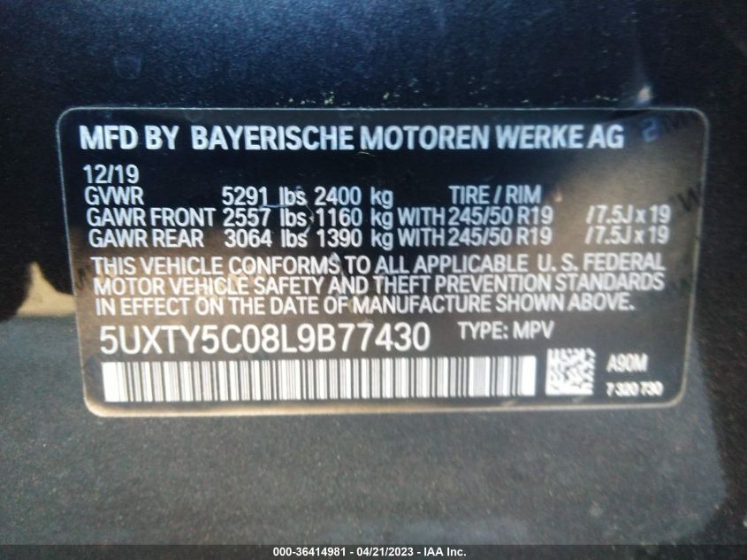 2020 BMW X3 XDRIVE30I - 5UXTY5C08L9B77430