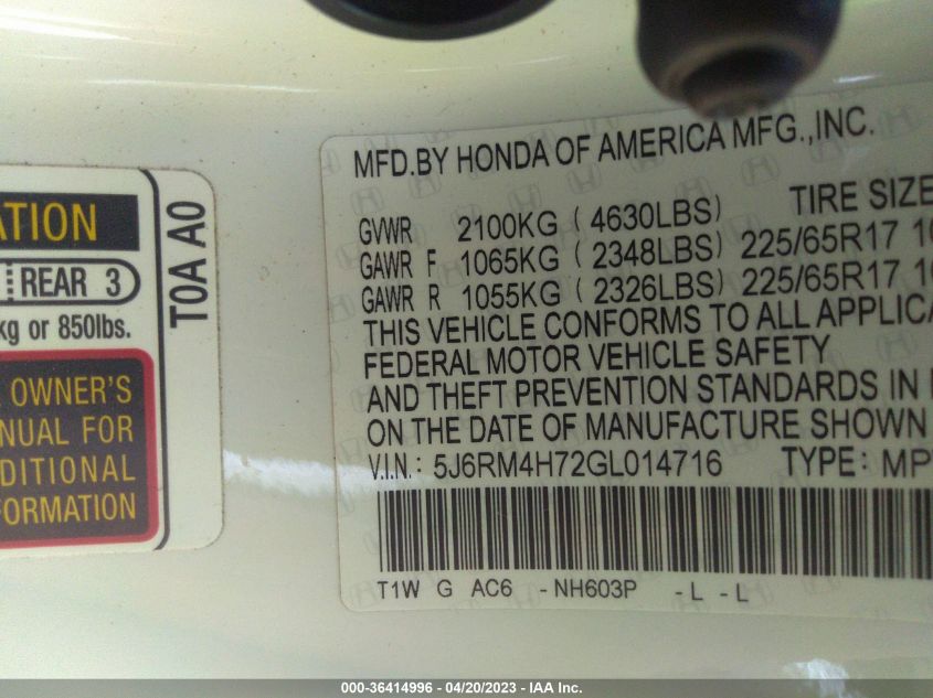 2016 HONDA CR-V EX-L - 5J6RM4H72GL014716