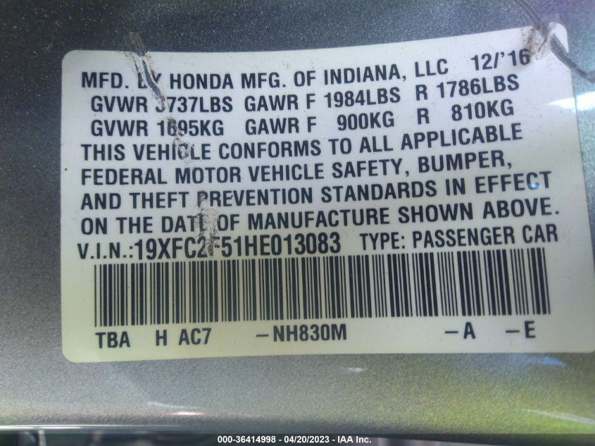 2017 HONDA CIVIC SEDAN LX - 19XFC2F51HE013083