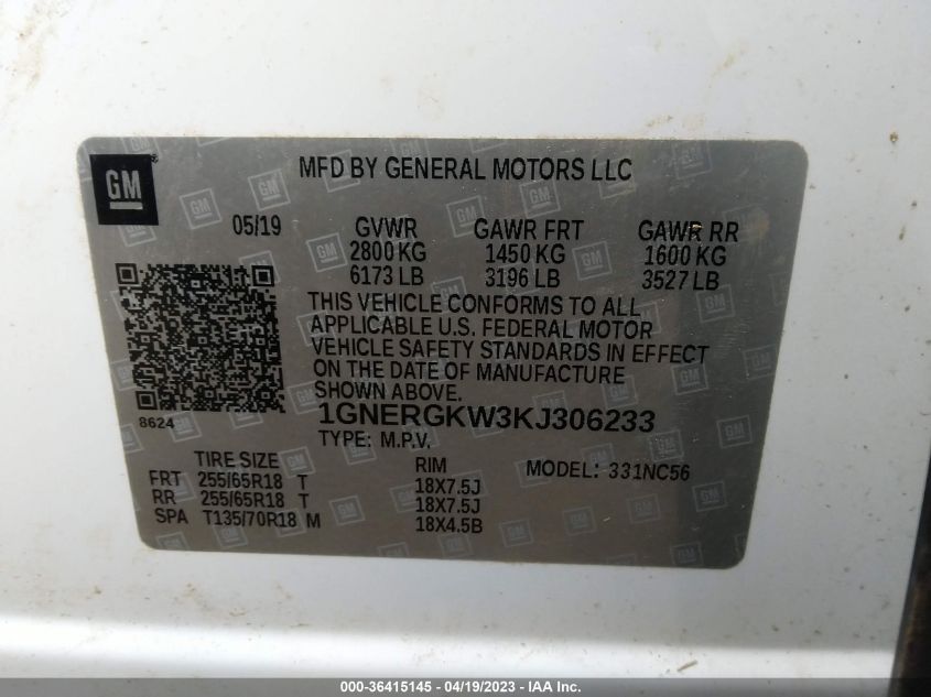 2019 CHEVROLET TRAVERSE LT CLOTH - 1GNERGKW3KJ306233