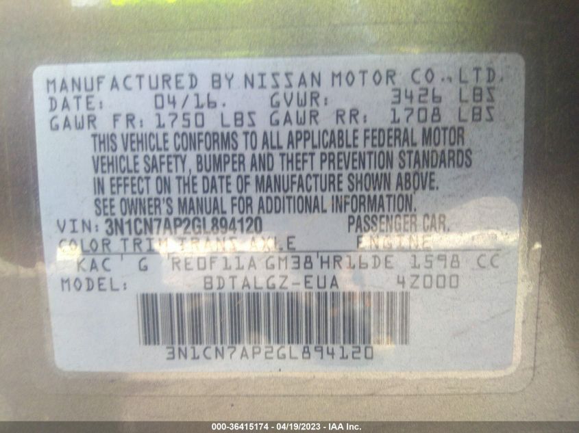 2016 NISSAN VERSA SL - 3N1CN7AP2GL894120