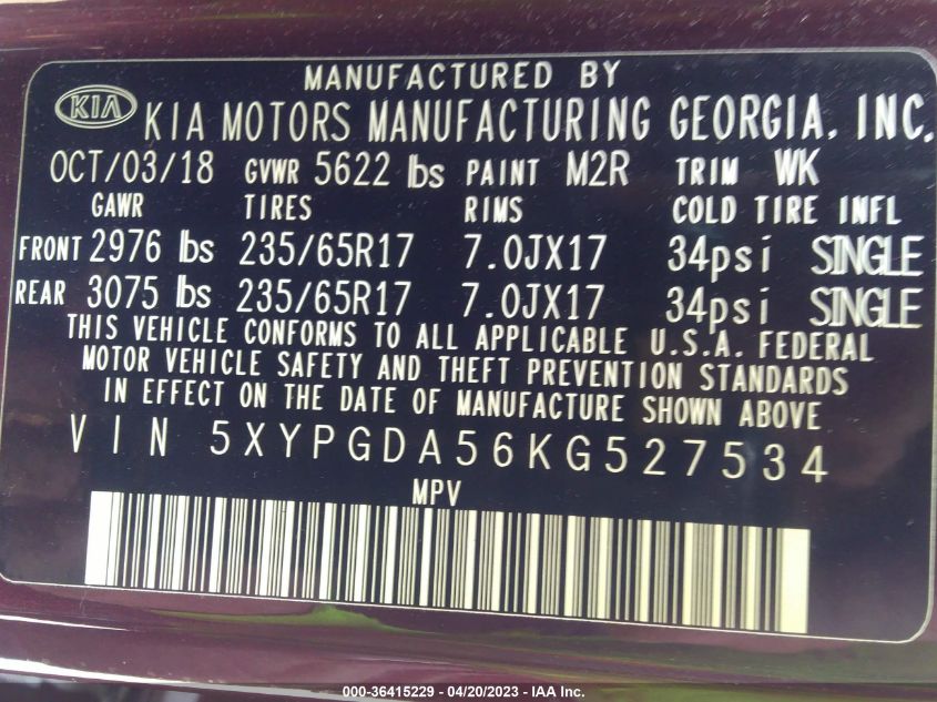 2019 KIA SORENTO LX V6 - 5XYPGDA56KG527534