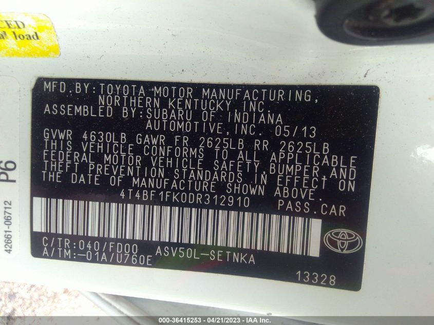 2013 TOYOTA CAMRY L/LE/SE/XLE - 4T4BF1FK0DR312910
