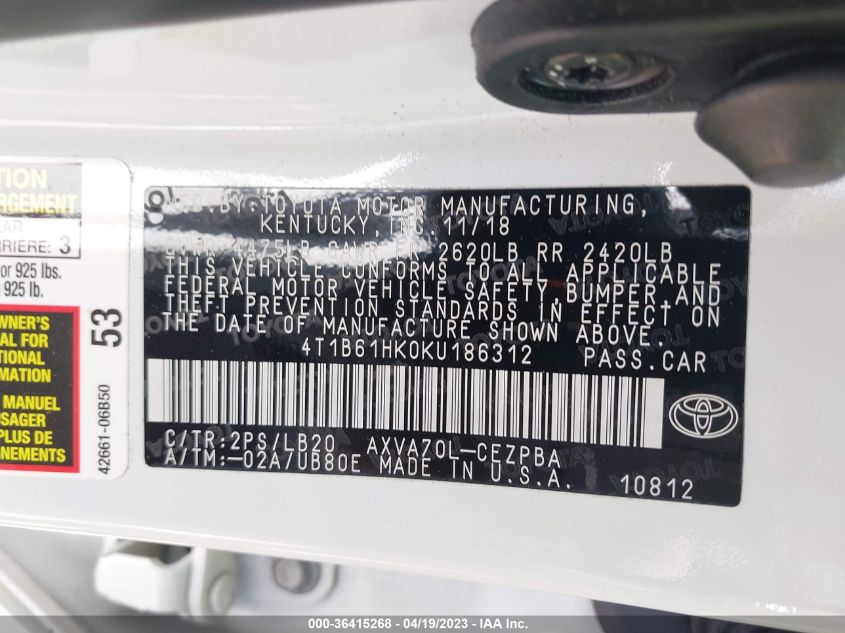 2019 TOYOTA CAMRY XSE - 4T1B61HK0KU186312