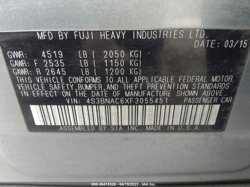 2015 SUBARU LEGACY 2.5I PREMIUM - 4S3BNAC6XF3055451