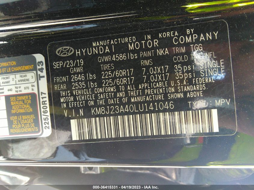 2020 HYUNDAI TUCSON SE - KM8J23A40LU141046