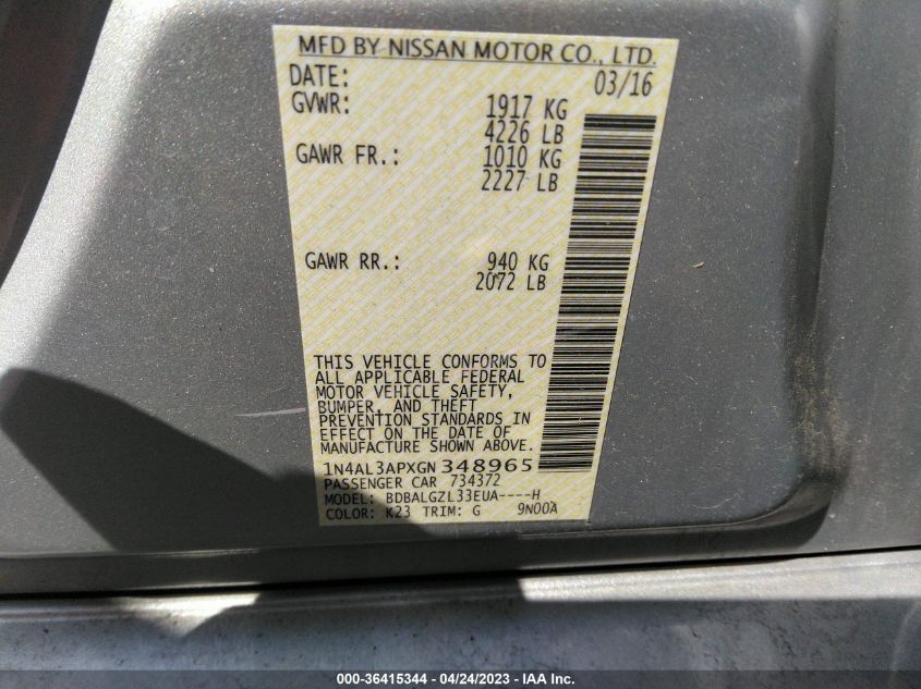 2016 NISSAN ALTIMA 2.5 S - 1N4AL3APXGN348965