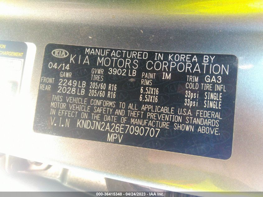 2014 KIA SOUL BASE - KNDJN2A26E7090707