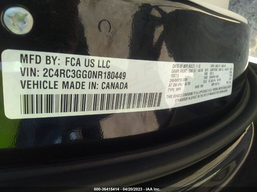 2022 CHRYSLER PACIFICA LIMITED - 2C4RC3GG0NR180449