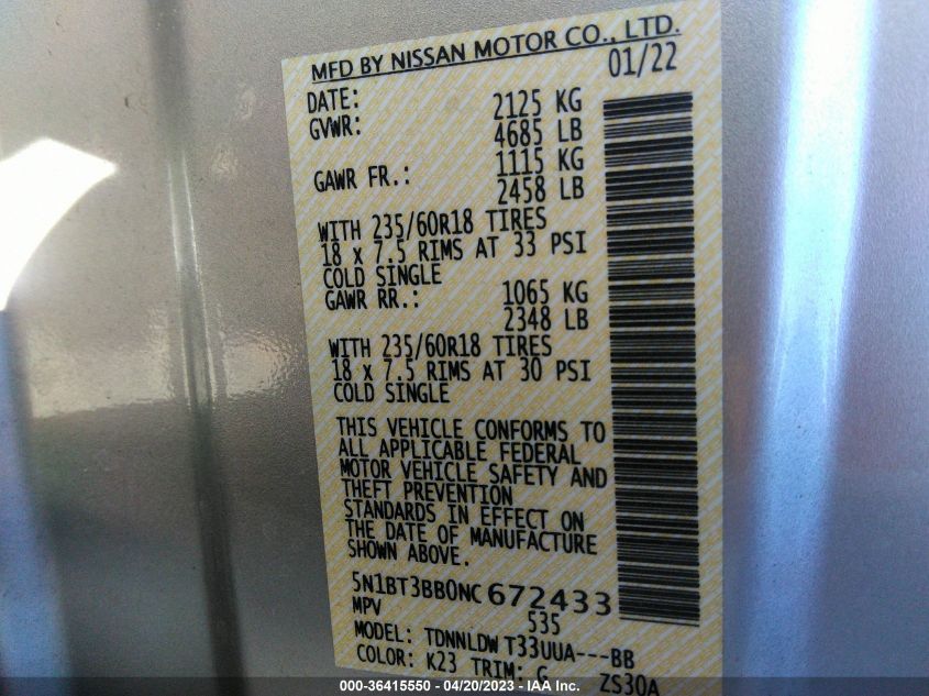 2022 NISSAN ROGUE SV - 5N1BT3BB0NC672433