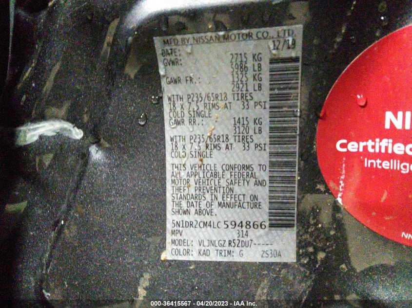 2020 NISSAN PATHFINDER SL - 5N1DR2CM4LC594866
