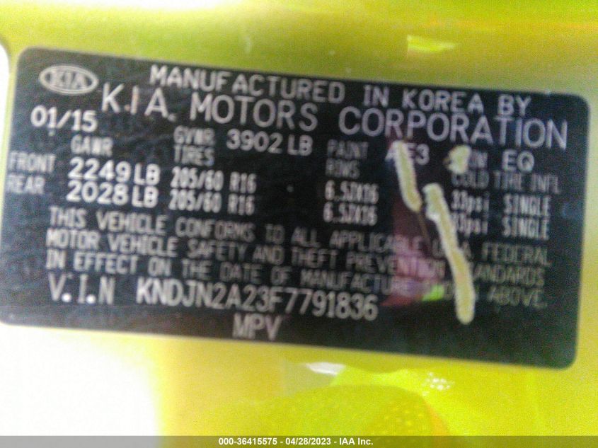 2015 KIA SOUL BASE - KNDJN2A23F7791836
