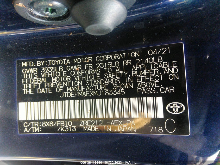 VIN JTDEPMAEXMJ183345 2021 TOYOTA COROLLA LE