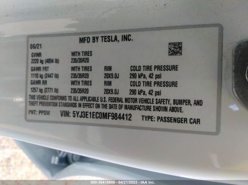 2021 TESLA MODEL 3 PERFORMANCE - 5YJ3E1EC0MF984412