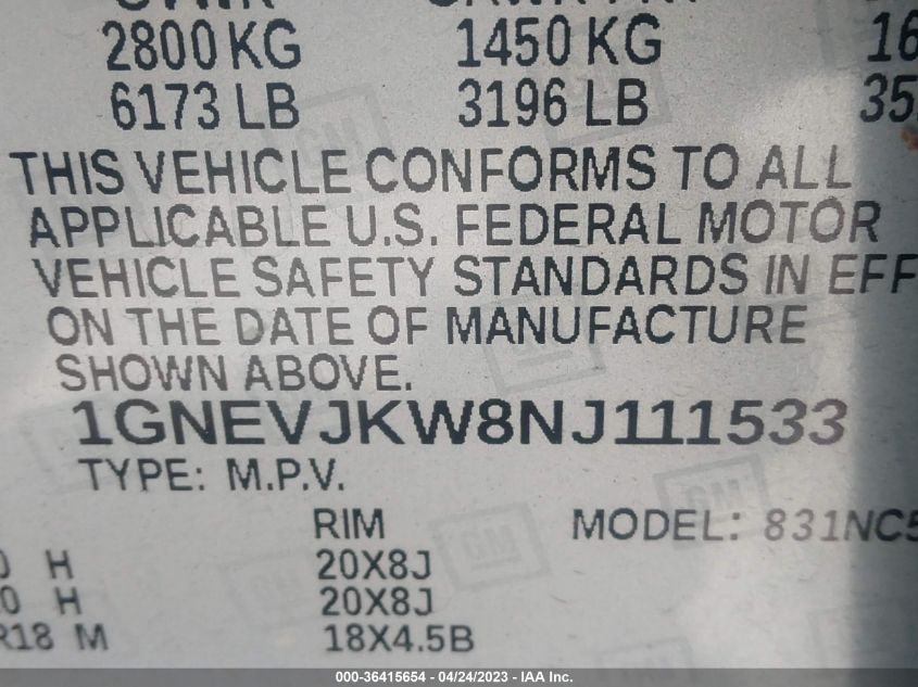 2022 CHEVROLET TRAVERSE RS - 1GNEVJKW8NJ111533