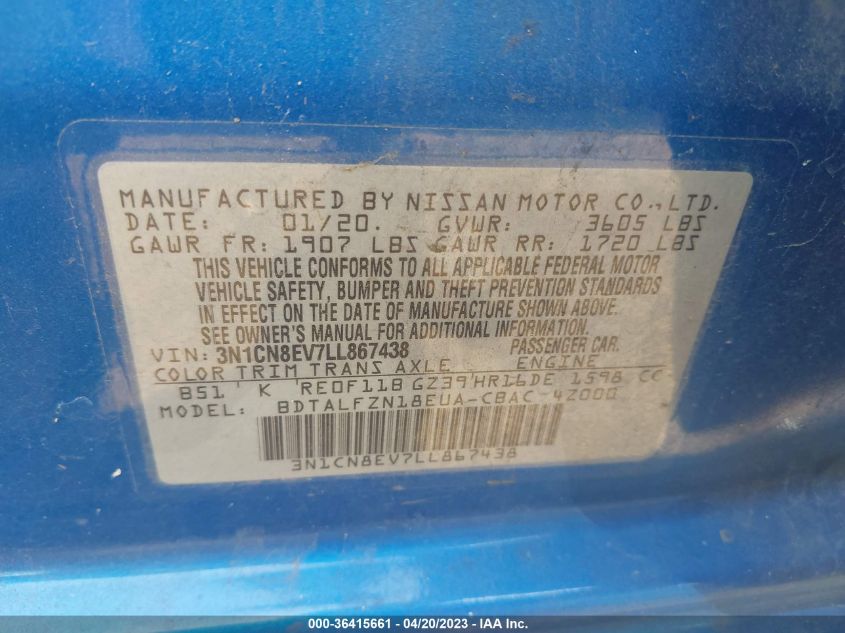 2020 NISSAN VERSA SV - 3N1CN8EV7LL867438