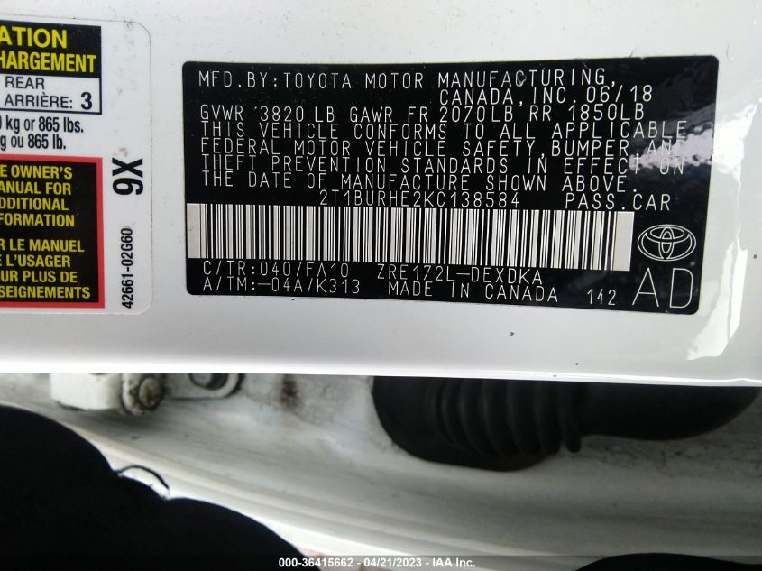 2019 TOYOTA COROLLA L/LE/SE/XLE/XSE - 2T1BURHE2KC138584