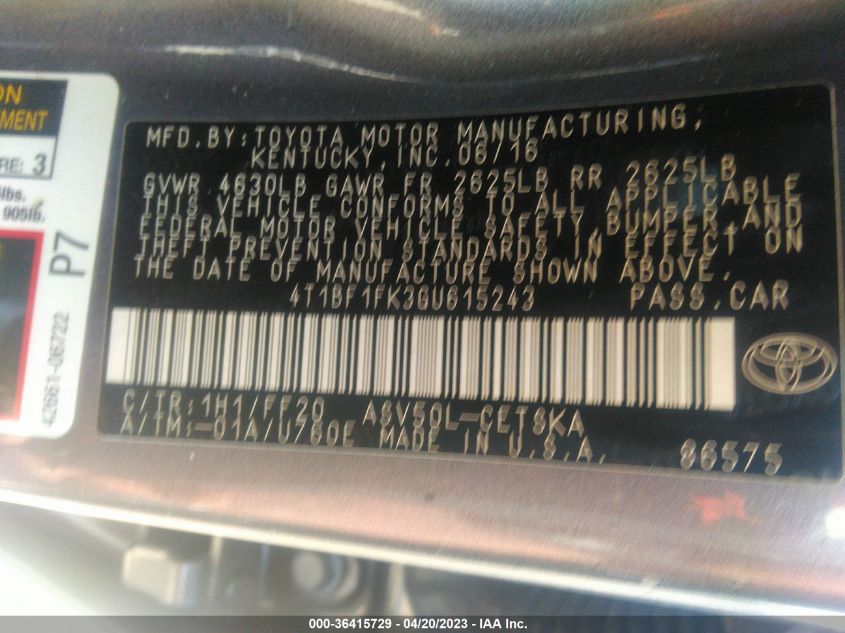 2016 TOYOTA CAMRY XLE/SE/LE/XSE - 4T1BF1FK3GU615243