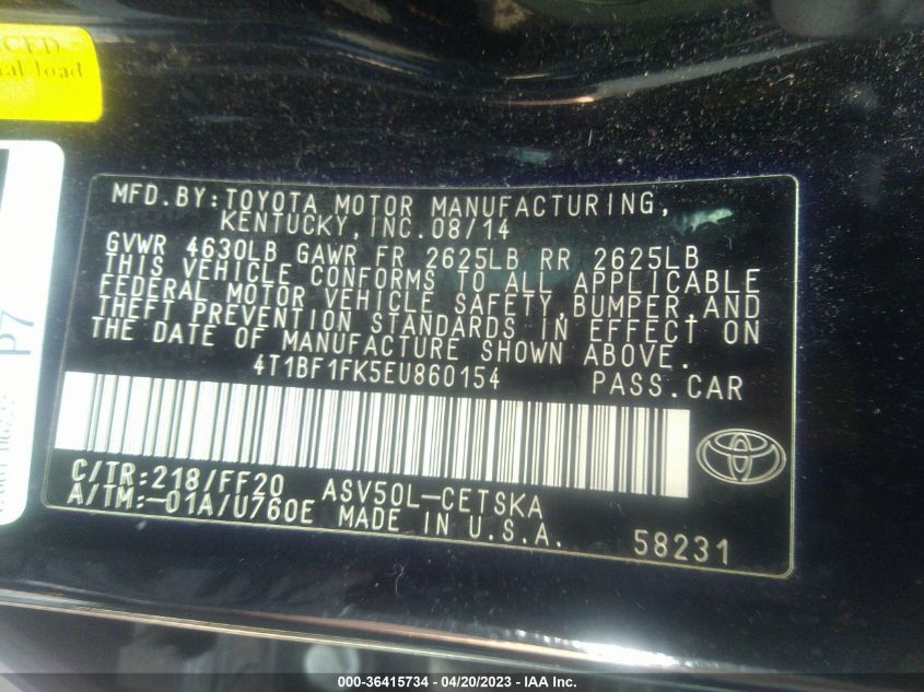 2014 TOYOTA CAMRY L/LE/XLE/SE/SE SPORT - 4T1BF1FK5EU860154