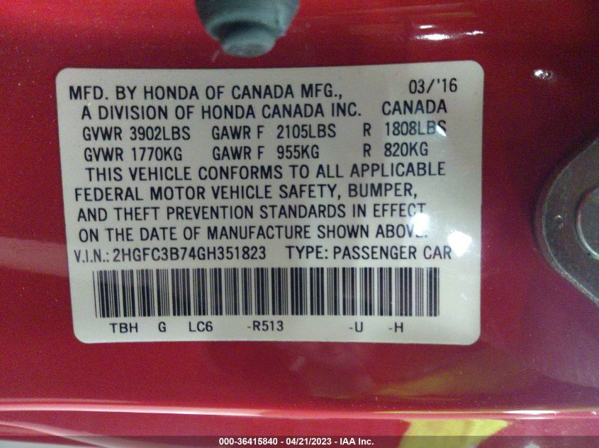 2016 HONDA CIVIC COUPE EX-L - 2HGFC3B74GH351823