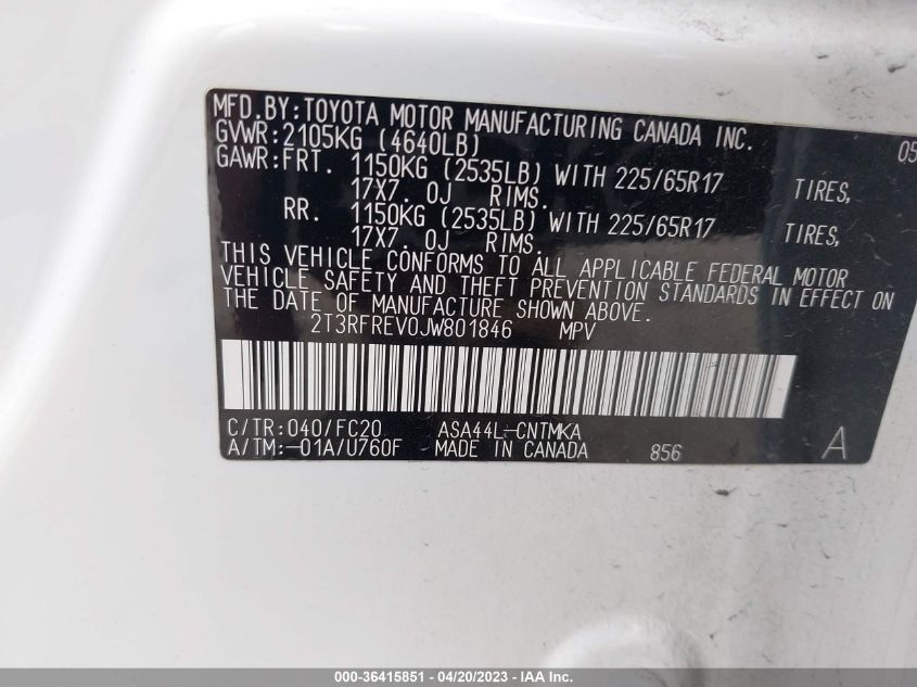 2018 TOYOTA RAV4 XLE/ADVENTURE - 2T3RFREV0JW801846