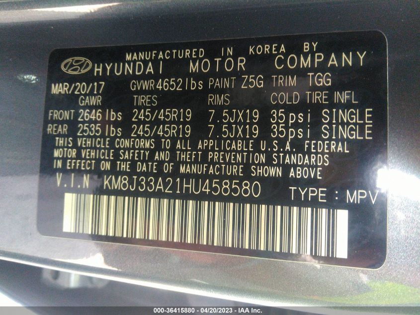 2017 HYUNDAI TUCSON SPORT - KM8J33A21HU458580