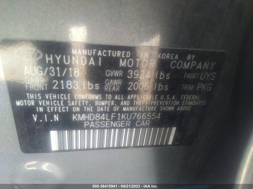 VIN KMHD84LF1KU766554 2019 HYUNDAI ELANTRA SEL