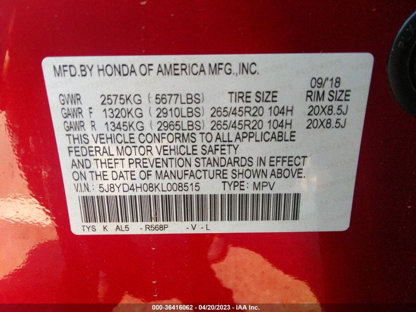 2019 ACURA MDX W/TECHNOLOGY/A-SPEC PKG - 5J8YD4H08KL008515