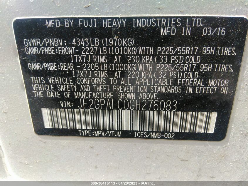 2016 SUBARU CROSSTREK LIMITED - JF2GPALC0GH276083