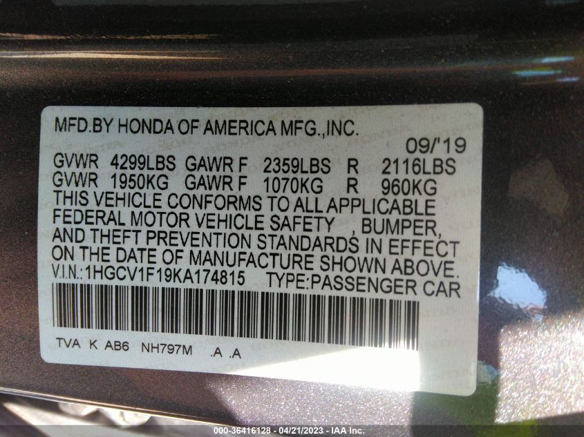 2019 HONDA ACCORD SEDAN LX 1.5T - 1HGCV1F19KA174815