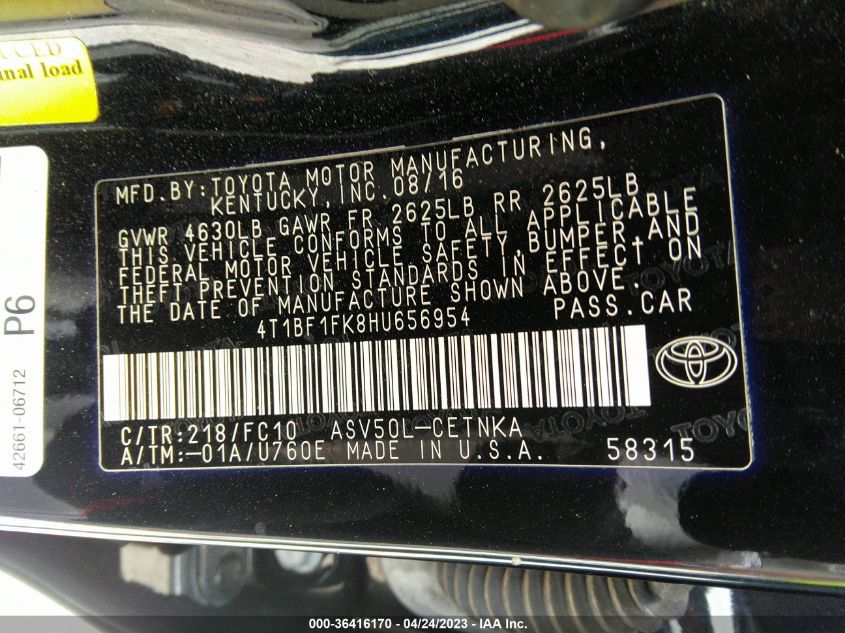 2017 TOYOTA CAMRY XLE/SE/LE/XSE - 4T1BF1FK8HU656954