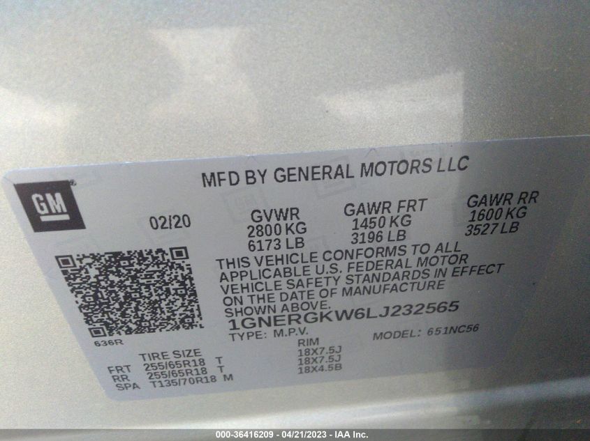 2020 CHEVROLET TRAVERSE LT CLOTH - 1GNERGKW6LJ232565