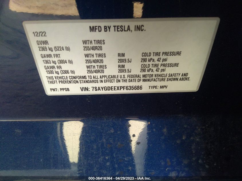2023 TESLA MODEL Y LONG RANGE - 7SAYGDEEXPF635686