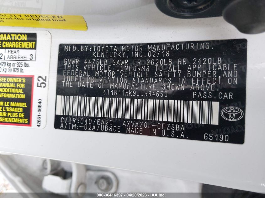 2018 TOYOTA CAMRY LE/SE/XLE/L - 4T1B11HK9JU584650