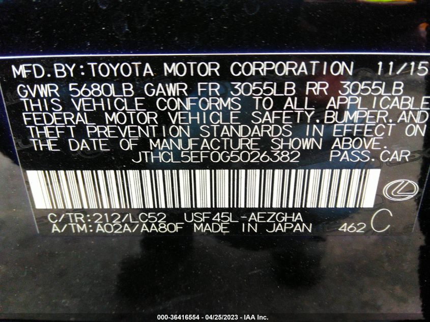 2016 LEXUS LS 460 JTHCL5EF0G5026382