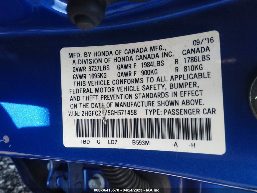 2016 HONDA CIVIC SEDAN EX - 2HGFC2F75GH571458