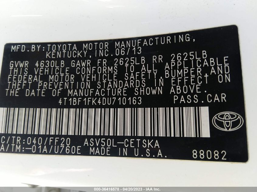 2013 TOYOTA CAMRY L/LE/SE/XLE - 4T1BF1FK4DU710163