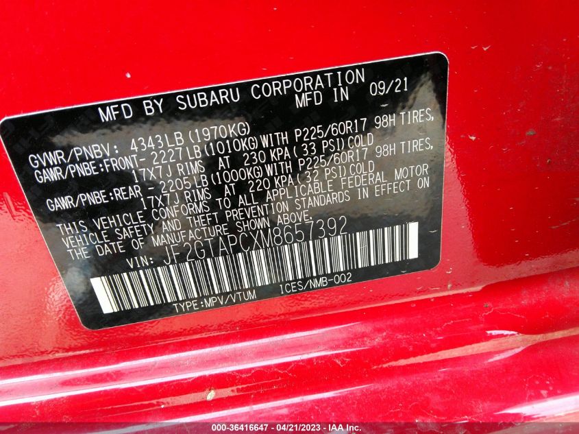 2021 SUBARU CROSSTREK PREMIUM - JF2GTAPCXM8657392