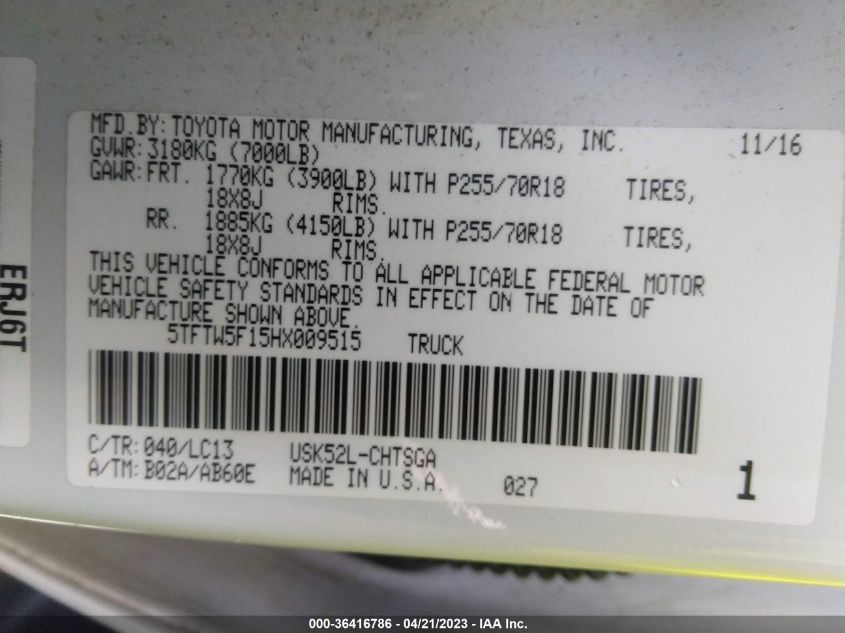 2017 TOYOTA TUNDRA 2WD SR/SR5 - 5TFTW5F15HX009515