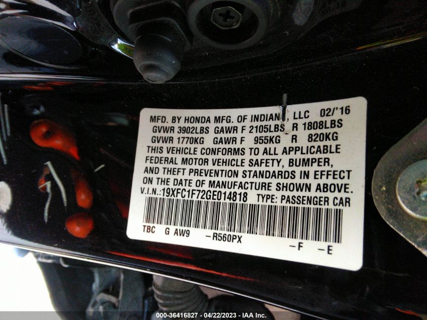2016 HONDA CIVIC SEDAN EX-L - 19XFC1F72GE014818
