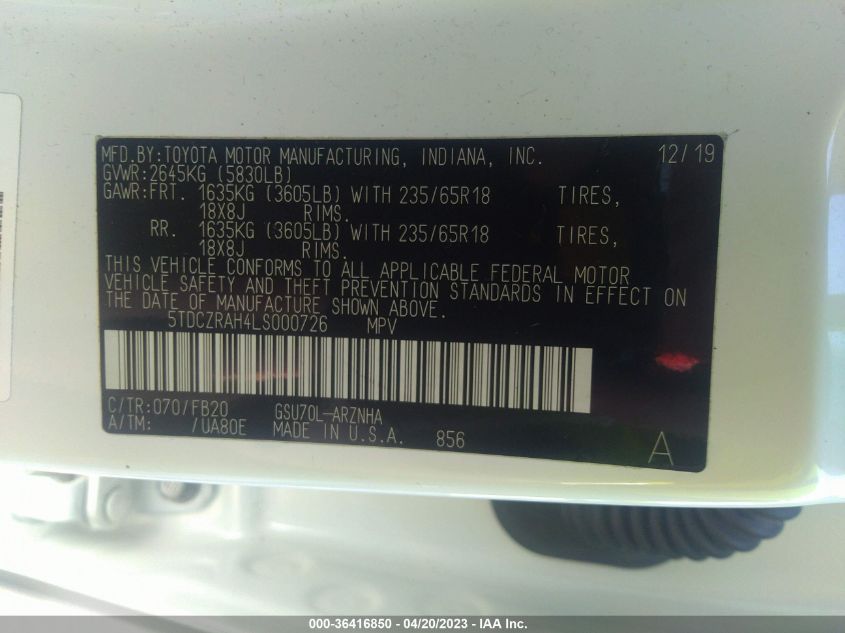 2020 TOYOTA HIGHLANDER L - 5TDCZRAH4LS000726