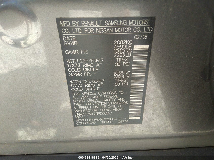VIN KNMAT2MT2JP566147 2018 NISSAN ROGUE SV