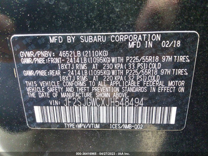 2018 SUBARU FORESTER TOURING - JF2SJGWCXJH548494