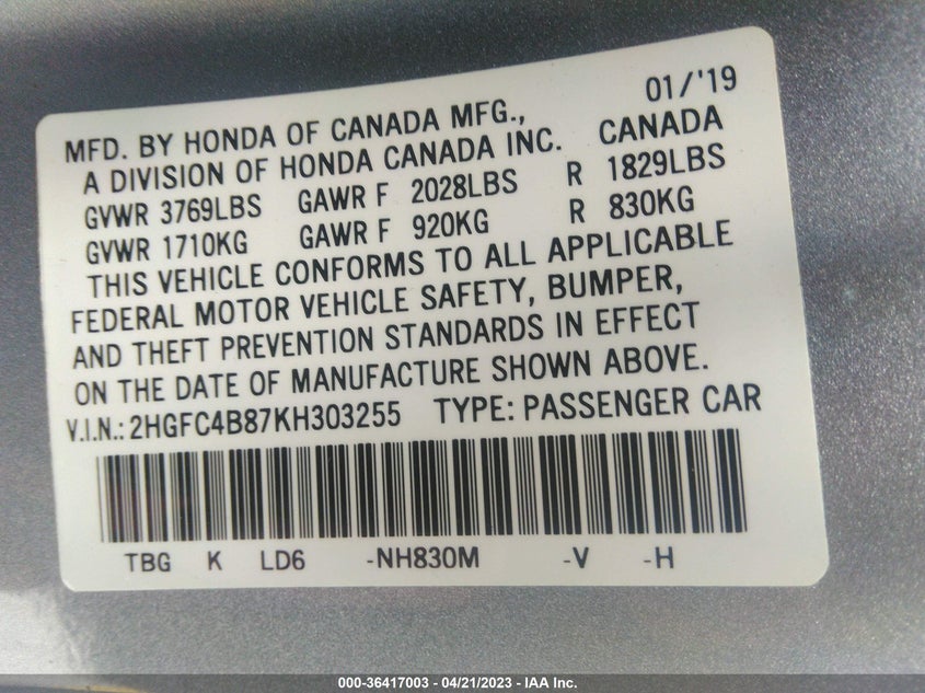 VIN 2HGFC4B87KH303255 2019 HONDA CIVIC COUPE SPORT